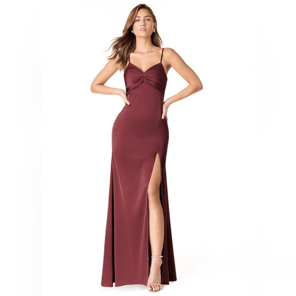 Azazie Burgundy Linia Merlot Satin Pleated Bridesmaid Maxi Gown Dress Size A2 - Picture 1 of 15
